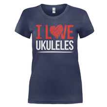 Load image into Gallery viewer, I Love Ukuleles - T Shirt - I_LOVE_UKULELES_-_Ladies_-_navyblue