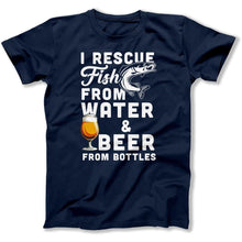 Load image into Gallery viewer, I Rescue Fish From Water &amp; Beer From Bottles - T Shirt - I_Rescue_Fish_From_Water_Beer_From_Bottles_men_navy