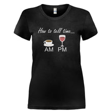 Load image into Gallery viewer, I Tell Time With Wine and Coffee - T Shirt - I_TELL_TIME_WITH_WINE_AND_COFFEE-_Ladies_-_Black