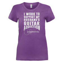 Load image into Gallery viewer, I Work To Support My Husband's Guitar Addiction - T Shirt - I_WORK_TO_SUPPORT_MY_HUSBAND_S_GUITAR_ADDICTION-_Ladies_-_Purple