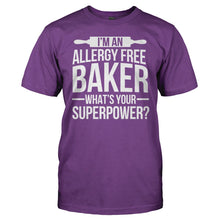 Load image into Gallery viewer, I'm An Allergy Free Baker, What's Your Superpower? - T Shirt - I_m_An_Allergy_Free_Baker_What_s_Your_Superpower_men_purple