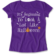 Load image into Gallery viewer, It's Beginning To Look A Lot Like Halloween - T Shirt - It_s_Beginning_To_Look_A_Lot_Like_Halloween_women_purple