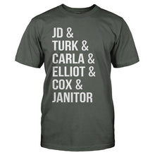 Load image into Gallery viewer, JD &amp; Turk &amp; Carla &amp; Elliot &amp; Cox &amp; Janitor - T Shirt - JD-_-TURK-_-CARLA-_-ELLIOT-_-COX-_-JANITOR---mens-charcoal