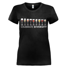 Load image into Gallery viewer, Celebrate Diversity - Wine - T Shirt - Ladies_-_Black_91b6a4f4-368d-4d60-a2ab-269ab9103aa3