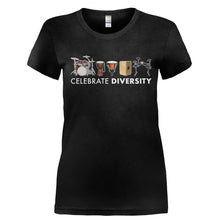 Load image into Gallery viewer, Celebrate Diversity - Drums - Full Color - T Shirt - Ladies_-_Black_9d50d8bd-9d35-43cd-a4df-0d44e01df2a9