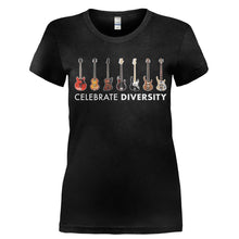 Load image into Gallery viewer, Celebrate Diversity - Bass - Full Color - T Shirt - Ladies_-_Black_9d7d69ac-94bc-4403-840c-4b641af91bd0