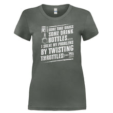 Load image into Gallery viewer, I Solve My Problems By Twisting Throttles - T Shirt - Ladies_-_Charcoal_661fa035-d811-4ec3-8b59-19ee0a95a7d5
