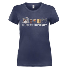 Load image into Gallery viewer, Celebrate Diversity - Drums - Full Color - T Shirt - Ladies_-_Navy_6b7c6b5c-3c51-4114-9fb3-f664b5644631