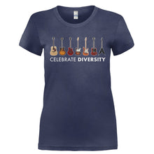 Load image into Gallery viewer, Celebrate Diversity - Guitar - Full Color - T Shirt - Ladies_-_Navy_de9017a2-267d-40a0-beeb-962c50dedabf