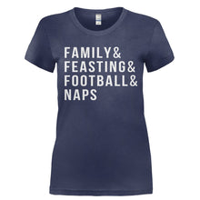 Load image into Gallery viewer, Family &amp; Feasting &amp; Football &amp; Naps - T Shirt - Ladies_-_Navy_fe74e65c-029a-4527-98d5-28f3b15fbda7