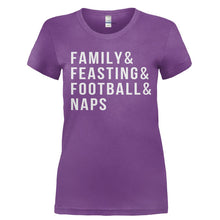 Load image into Gallery viewer, Family &amp; Feasting &amp; Football &amp; Naps - T Shirt - Ladies_-_Purple_27b89cd6-3807-4cae-b558-e6802d180f81