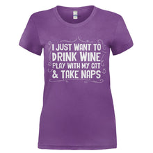 Load image into Gallery viewer, Drink Wine, Play With Cat and Take Naps - T Shirt - Ladies_-_Purple_eb68ddb3-843c-4606-ad1c-30266060f294