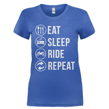 Load image into Gallery viewer, Eat. Sleep. Ride. Repeat. - T Shirt - Ladies_-_Royal_63a353d5-9aca-4139-be20-dce3bebf8baf
