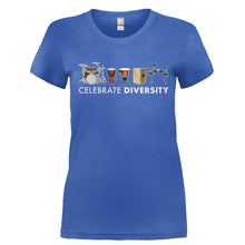 Load image into Gallery viewer, Celebrate Diversity - Drums - Full Color - T Shirt - Ladies_-_Royal_d96554c9-7d16-4f12-9bdf-af82553ff936
