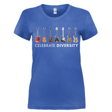 Load image into Gallery viewer, Celebrate Diversity - Bass - Full Color - T Shirt - Ladies_-_Royal_f0ba291d-08d2-4e57-8c37-b248f72342b2