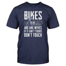 Load image into Gallery viewer, Bikes Are Like Wives - T Shirt - Men_-_Navy_461c77a6-ca85-4520-b2ba-ce348b0679ac