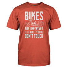 Load image into Gallery viewer, Bikes Are Like Wives - T Shirt - Men_-_Orange_236eecd1-f556-4bd1-9706-c5e339fb986b