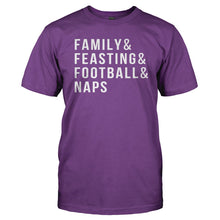 Load image into Gallery viewer, Family &amp; Feasting &amp; Football &amp; Naps - T Shirt - Men_-_Purple_1d00114b-c0c3-40c9-8091-35f2145a7275