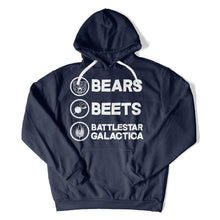 Load image into Gallery viewer, Bears. Beets. Battlestar Galactica. - T Shirt - bears-beats-battlestargallactica-hoodie-navy