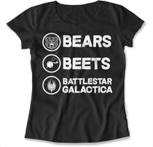 Load image into Gallery viewer, Bears. Beets. Battlestar Galactica. - T Shirt - bears-beats-battlestargallactica-ladies-black