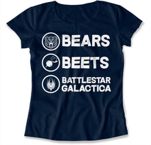 Load image into Gallery viewer, Bears. Beets. Battlestar Galactica. - T Shirt - bears-beats-battlestargallactica-ladies-navy