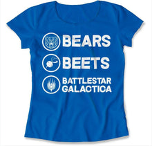 Load image into Gallery viewer, Bears. Beets. Battlestar Galactica. - T Shirt - bears-beats-battlestargallactica-ladies-royal