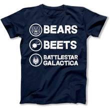 Load image into Gallery viewer, Bears. Beets. Battlestar Galactica. - T Shirt - bears-beats-battlestargallactica-tshirt-navy