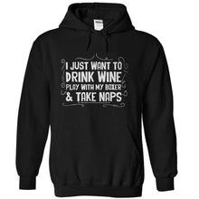 Load image into Gallery viewer, Drink Wine, Play With My Boxer and Take Naps - T Shirt - black_727df240-99dc-4388-a7e4-00099b0113cf
