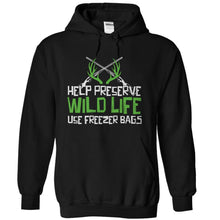 Load image into Gallery viewer, Help Preserve Wildlife, Use Freezer Bags - T Shirt - black_76f6e27b-c5c1-4ae0-9056-8fd84abd51d1