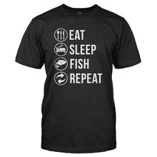 Load image into Gallery viewer, Eat. Sleep. Fish. Repeat. - T Shirt - black_ba11177c-fb3d-489a-9490-85477cd38472
