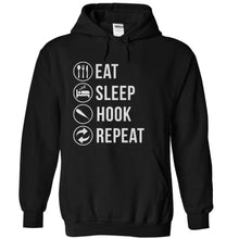 Load image into Gallery viewer, Eat Sleep Hook Repeat - T Shirt - black_d35b7232-18fd-4fe4-a69a-47a1b48bc976