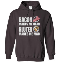 Load image into Gallery viewer, Bacon Makes Me Glad. Gluten Makes Me Mad. - T Shirt - charcoal_db96f1a1-a209-4b4a-8240-280c728d4d61