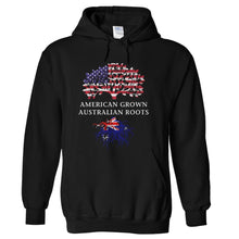 Load image into Gallery viewer, American Grown, Australian Roots - T Shirt - hoodie_black_11f886ba-1774-48ac-9ac9-1fe215700d7f