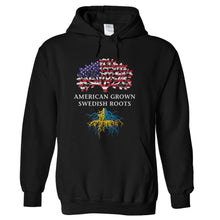 Load image into Gallery viewer, American Grown, Swedish Roots - T Shirt - hoodie_black_3c32c44e-5021-44c9-a7a1-8273258f750a