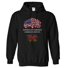Load image into Gallery viewer, American Grown, German Roots - T Shirt - hoodie_black_3dfdb5a0-148e-493f-81e8-f10f95500c39