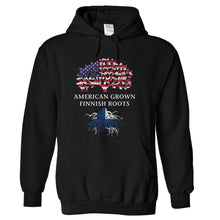Load image into Gallery viewer, American Grown, Finnish Roots - T Shirt - hoodie_black_3e72afe0-12a4-4eb9-81b5-75b0b6cfb4d9