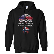 Load image into Gallery viewer, American Grown, Norwegian Roots - T Shirt - hoodie_black_41b266d7-f386-4078-9b81-ca8000aaaf62