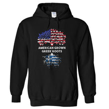 Load image into Gallery viewer, American Grown Greek Roots - T Shirt - hoodie_black_4ceb6bfe-0e0c-4270-9e43-37f226d7e623