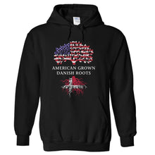 Load image into Gallery viewer, American Grown, Danish Roots - T Shirt - hoodie_black_ff207570-593e-4a42-a35b-9300cd0cf3ad