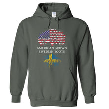 Load image into Gallery viewer, American Grown, Swedish Roots - T Shirt - hoodie_charcoal_1a415268-7f58-4a16-9055-8b1156f79d1d