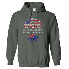 Load image into Gallery viewer, American Grown, Australian Roots - T Shirt - hoodie_charcoal_60f83f3e-90e5-47b4-8bb6-14b4317a534c