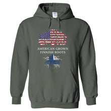 Load image into Gallery viewer, American Grown, Finnish Roots - T Shirt - hoodie_charcoal_76f2c481-4ea9-4d07-8461-07e73f129e8c