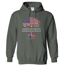 Load image into Gallery viewer, American Grown, Norwegian Roots - T Shirt - hoodie_charcoal_e4eee10a-12f7-4181-ae17-bf4f54bd8b85