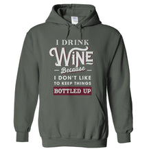 Load image into Gallery viewer, I Drink Wine Because I Don't Like To Keep Things Bottled Up - T Shirt - hoodie_charcoal_f0f2b079-1718-4e75-ac58-cfd22a6eba72