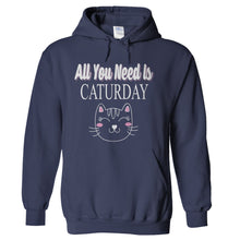 Load image into Gallery viewer, All You Need Is Caturday - T Shirt - hoodie_navy_3a52e2bc-6ce1-4d08-97a9-6f1fad5321fd