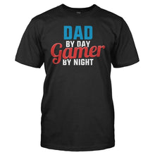Load image into Gallery viewer, Dad By Day. Gamer By Night - T Shirt - men_black_b16dbd24-3d31-4fc9-9ccf-09a2a8f21bc7