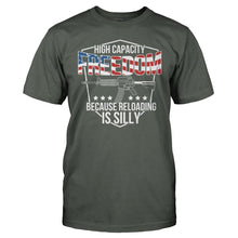 Load image into Gallery viewer, High Capacity Freedom Because Reloading Is Silly - T Shirt - men_charcoal_036b384b-33d5-4e78-88de-091d716a3abf