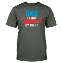 Load image into Gallery viewer, Dad By Day. Gamer By Night - T Shirt - men_charcoal_2e3653ef-b386-48de-a3f4-2af5c0d5901a