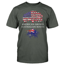 Load image into Gallery viewer, American Grown, Australian Roots - T Shirt - men_charcoal_519d84a2-f5f8-4679-b04c-eaff0aef99e0
