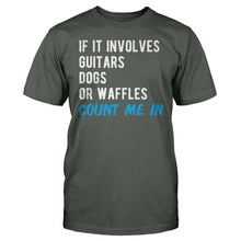 Load image into Gallery viewer, If It Involves Guitars, Dogs or Waffles, Count Me In - T Shirt - men_charcoal_8583abe2-e66b-40d6-a745-c8759fd6ec53